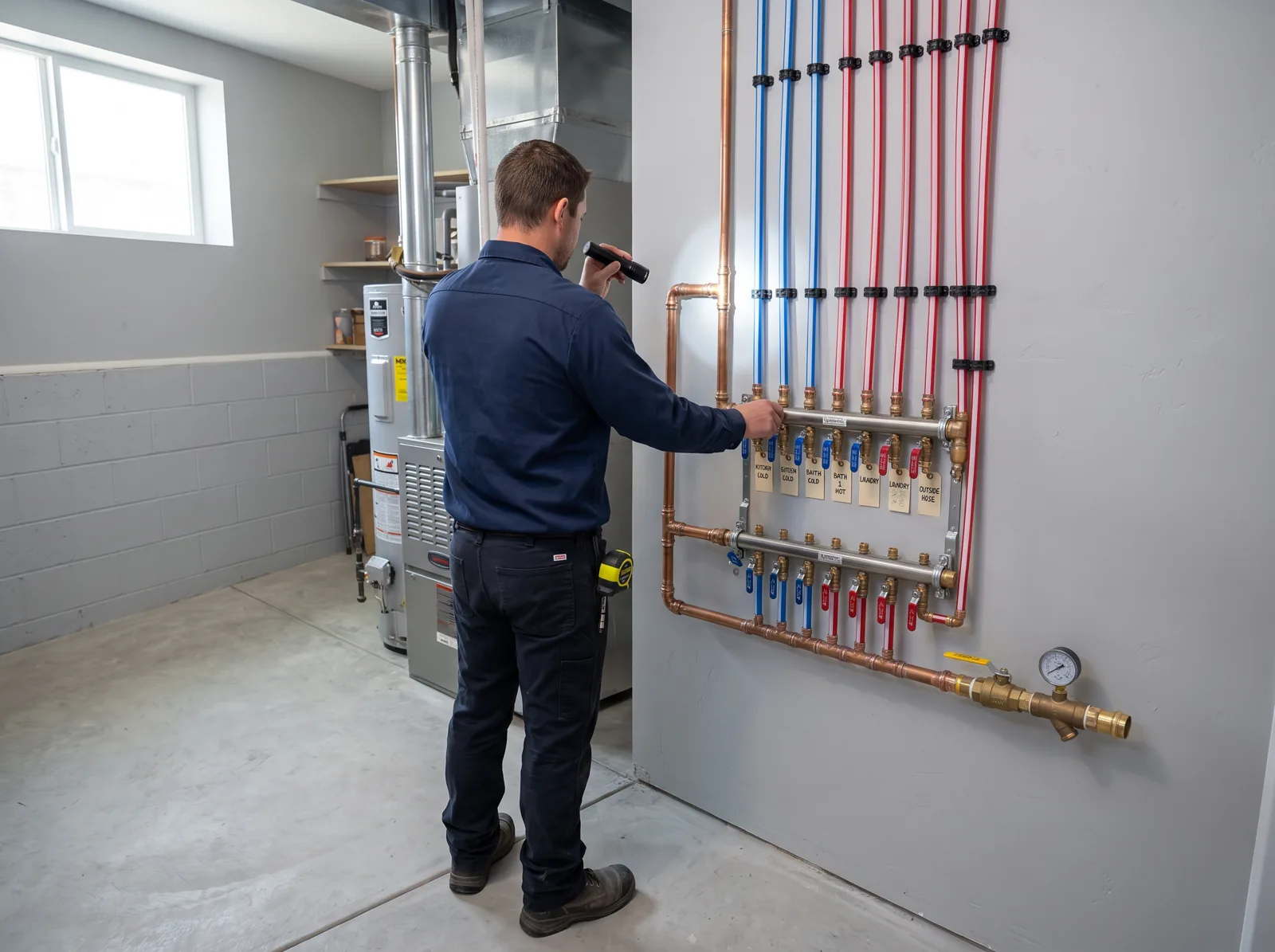 A plumber inspects a neat row of new copper and PEX water supply lines, Castle Rock, CO