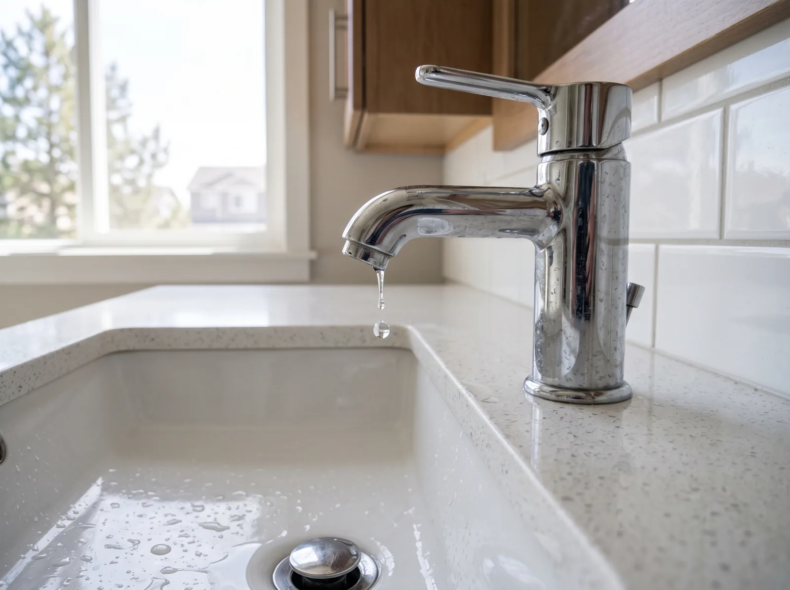 A chrome bathroom faucet with a slow drip falling into a clean white sink, Castle Rock, CO