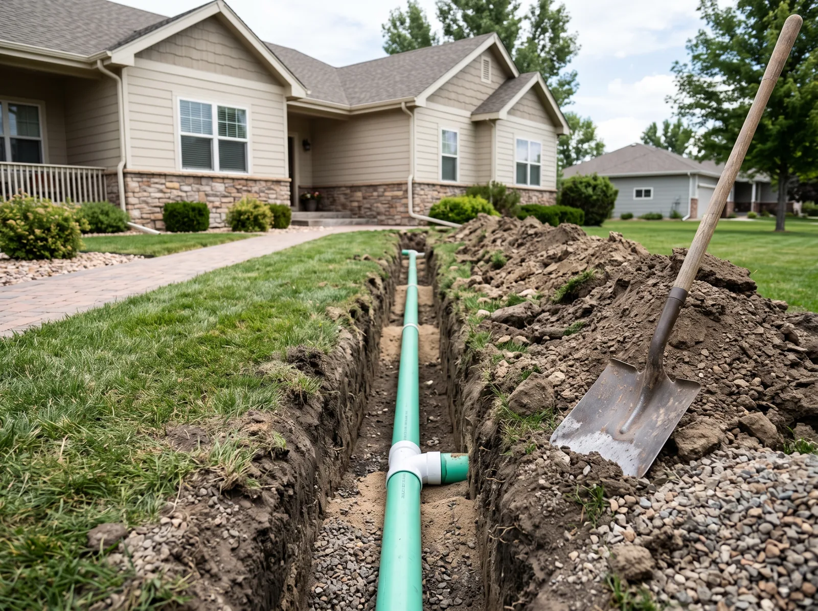 An open trench in a residential front yard exposing a new PVC sewer lateral pipe being laid, Castle Rock, CO