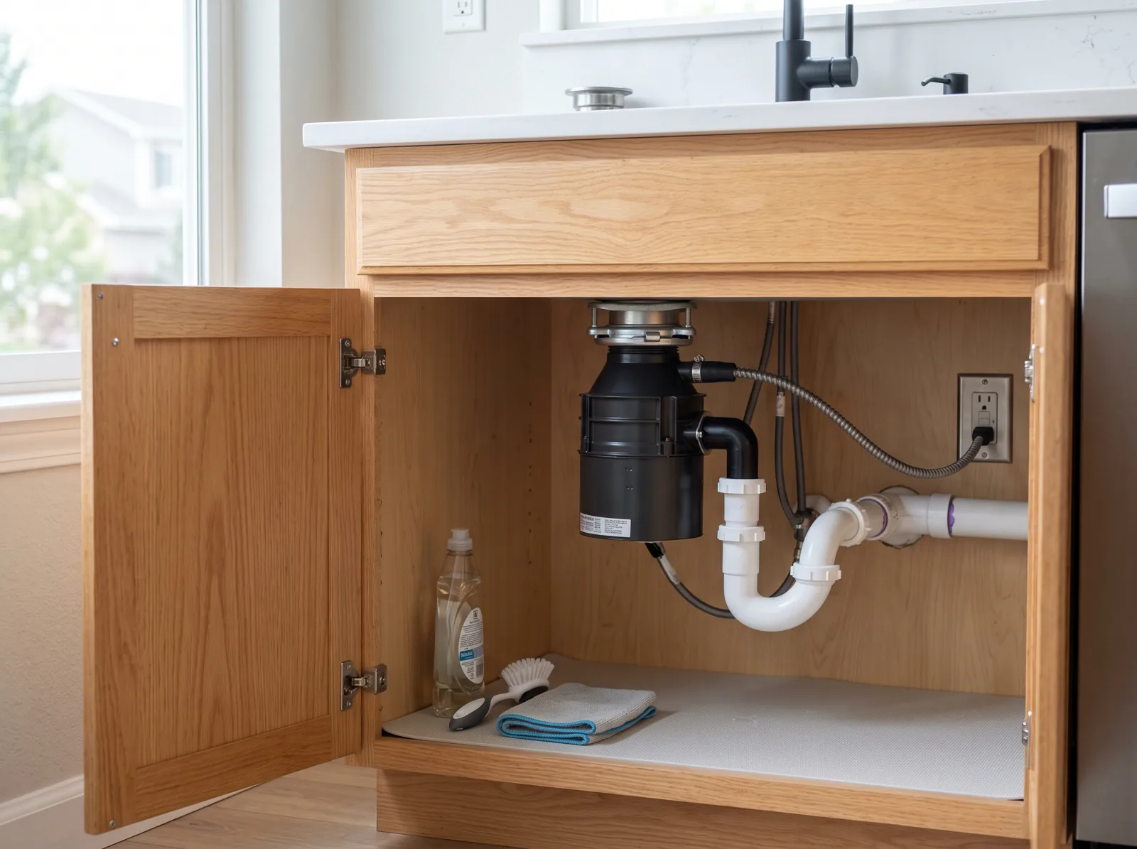 A clean kitchen sink cabinet opened to show a new garbage disposal and properly fitted P-trap, Castle Rock, CO
