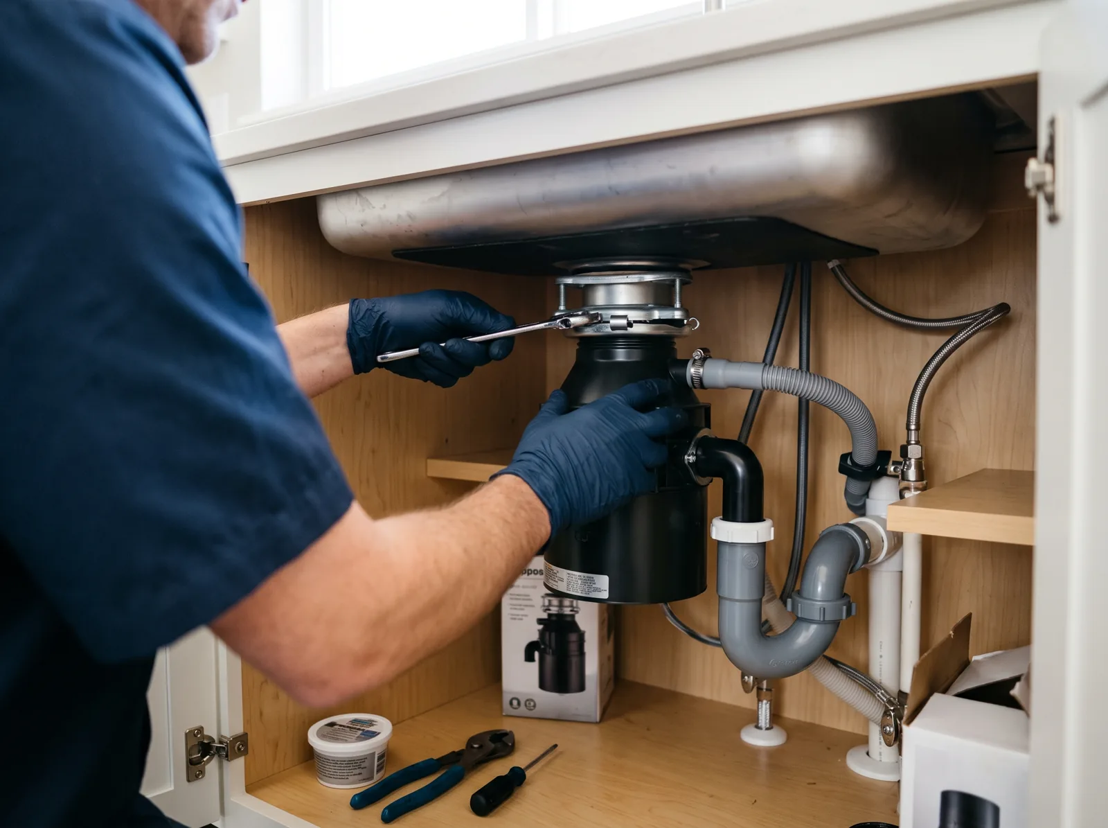Gloved hands tighten the mounting ring of a new garbage disposal under a kitchen sink, Castle Rock, CO