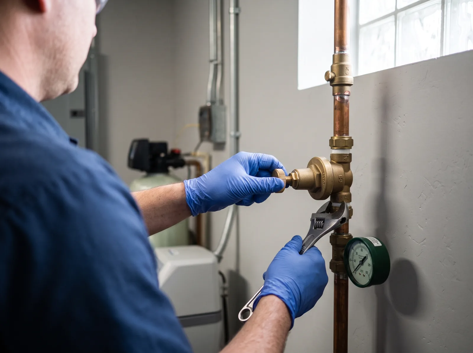 Gloved hands tighten a pressure regulator valve, Castle Rock, CO