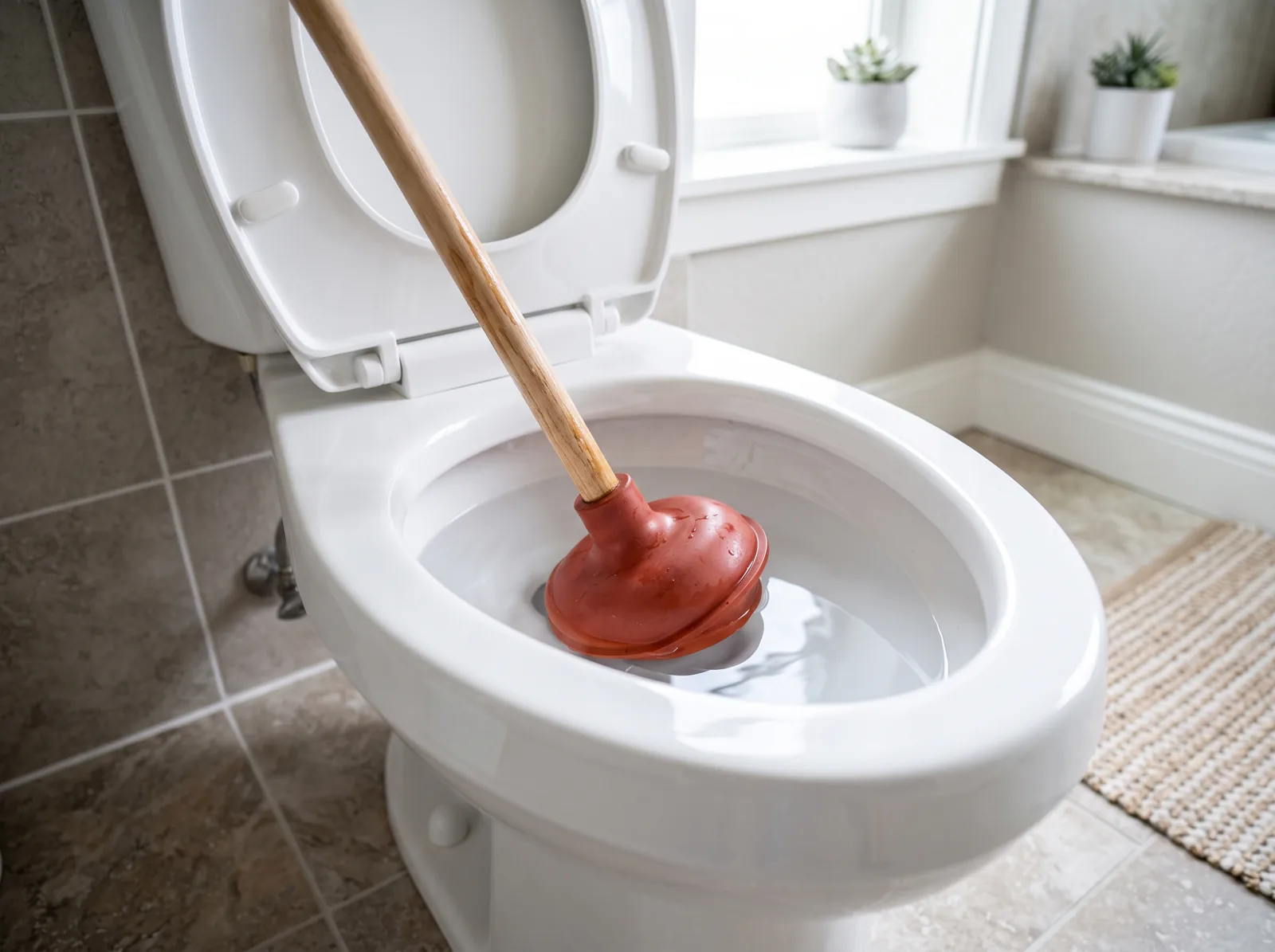 A flange plunger resting in a clean white toilet bowl, Castle Rock, CO