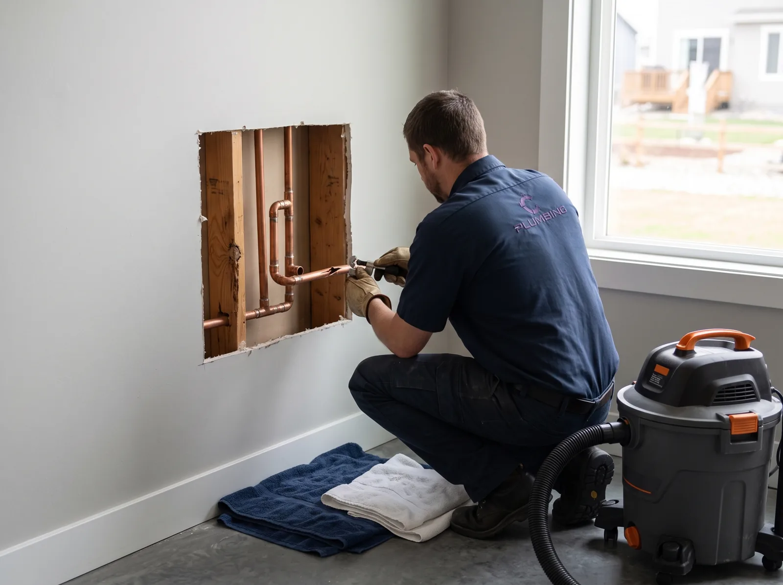 A plumber cuts out a split copper pipe in an opened section of basement drywall, Castle Rock, CO
