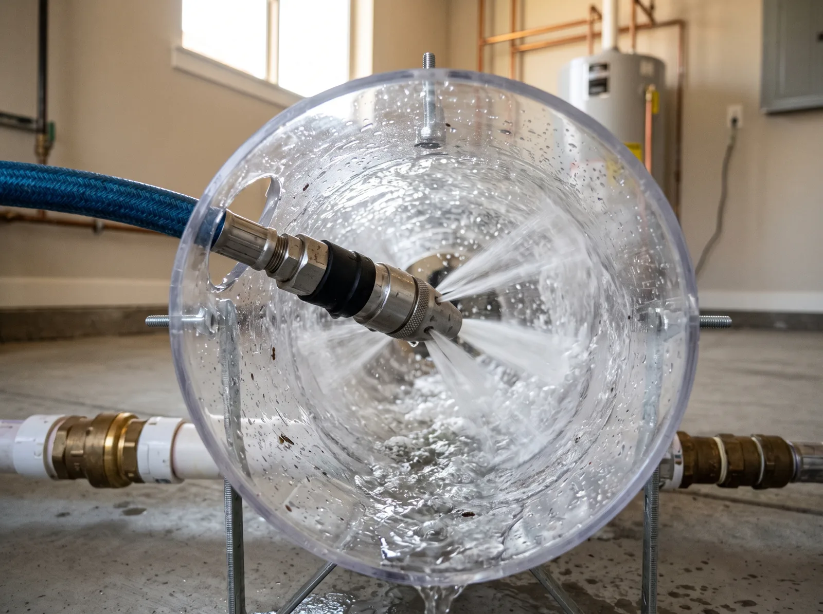 A hydro-jetting nozzle spraying high-pressure water jets inside a section of clear sewer pipe, Castle Rock, CO