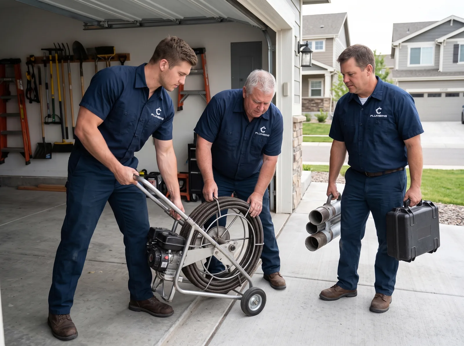 Three plumbers of different ages and builds unload drain cleaning equipment from a garage, Castle Rock, CO