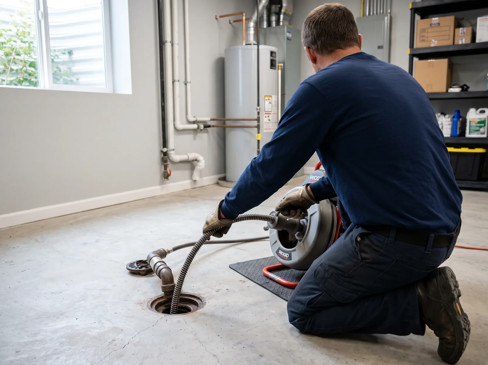 A plumber runs a motorized drain auger into a basement floor drain, Castle Rock, CO