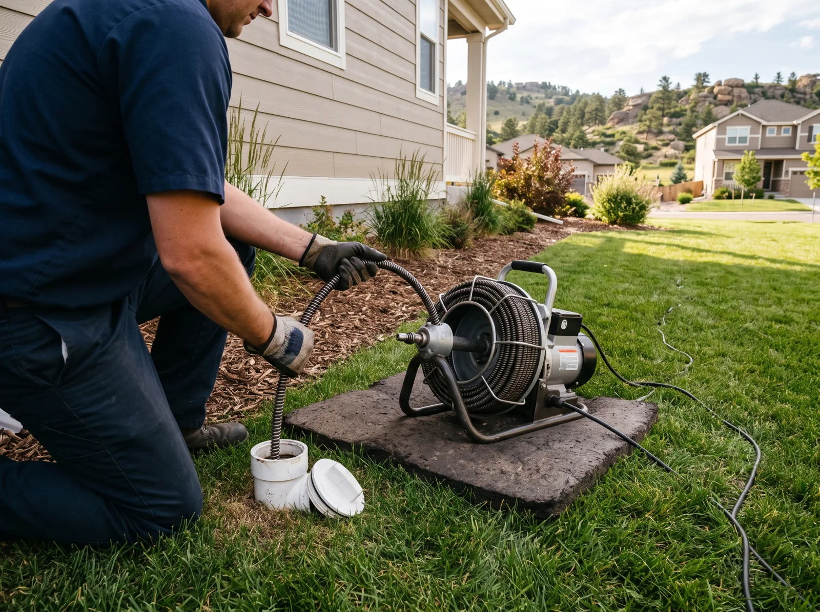 A plumber feeds a drain cleaning cable into an outdoor cleanout next to a house, Castle Rock, CO