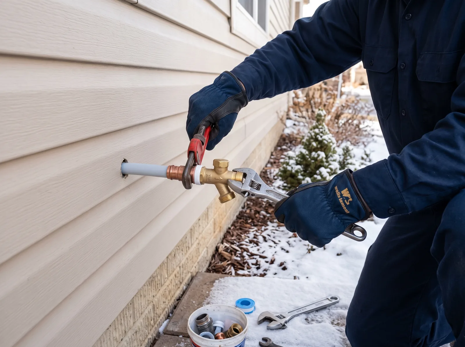 Hands replace a frost-free outdoor hose bib on the siding of a house in winter, Castle Rock, CO
