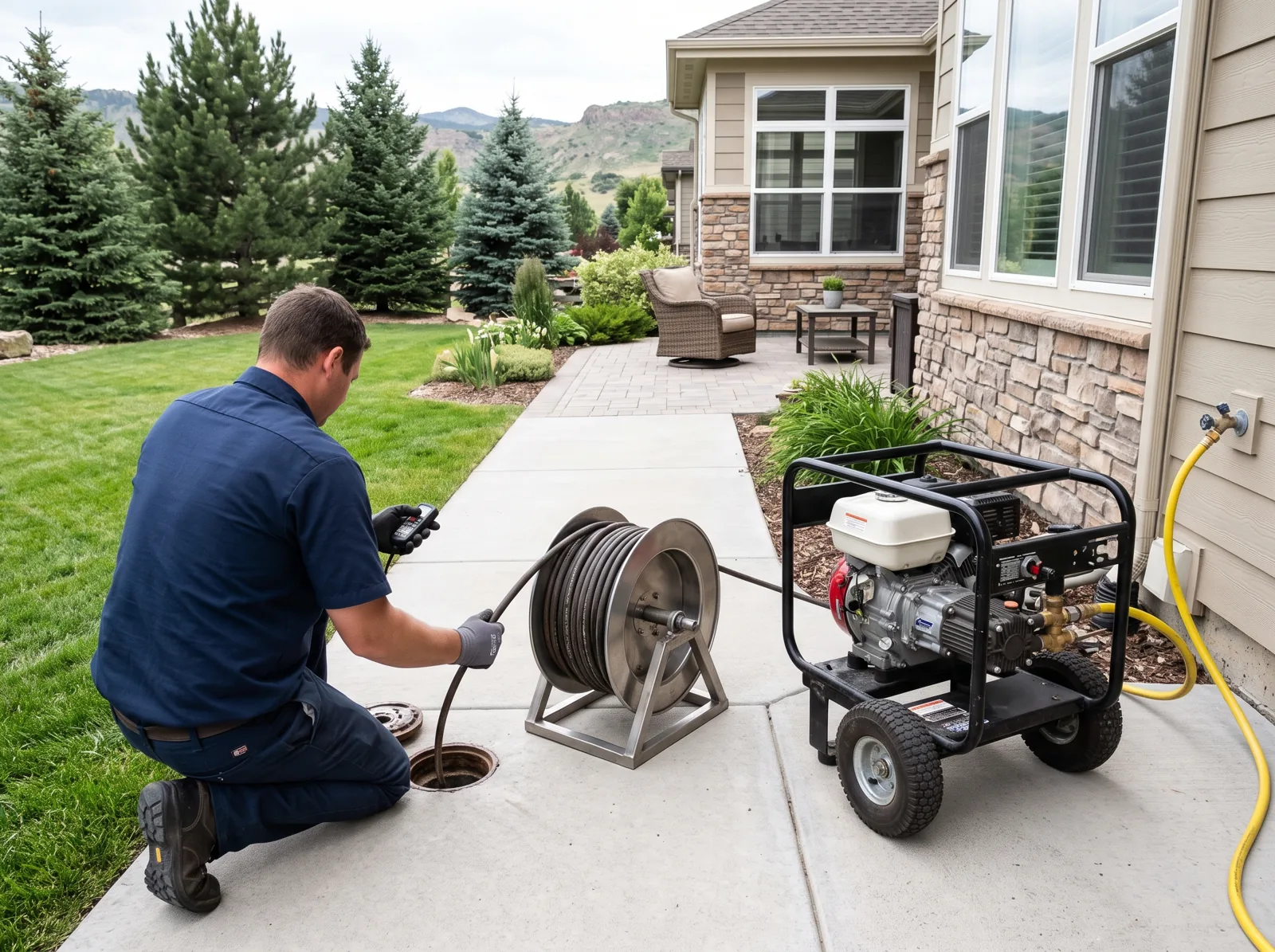 A plumber operates a trailer-free portable hydro jetter at an outdoor sewer cleanout, Castle Rock, CO