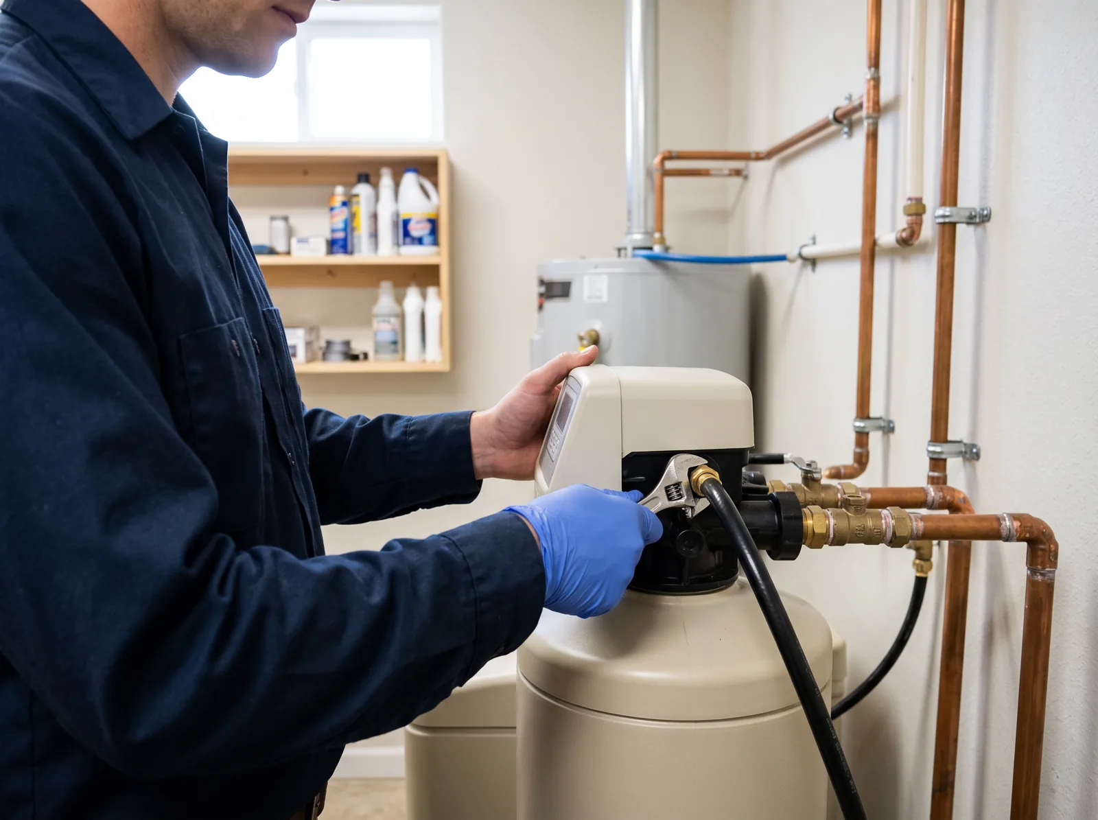 A plumber checks the control head on a whole-home water softener in a basement utility room, Castle Rock, CO