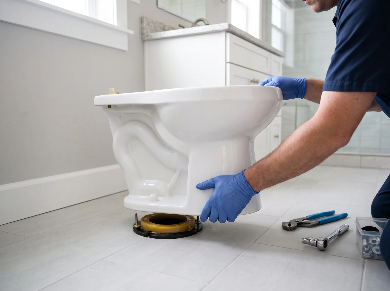 Hands set a new white toilet onto a fresh wax ring on a clean tile floor, Castle Rock, CO