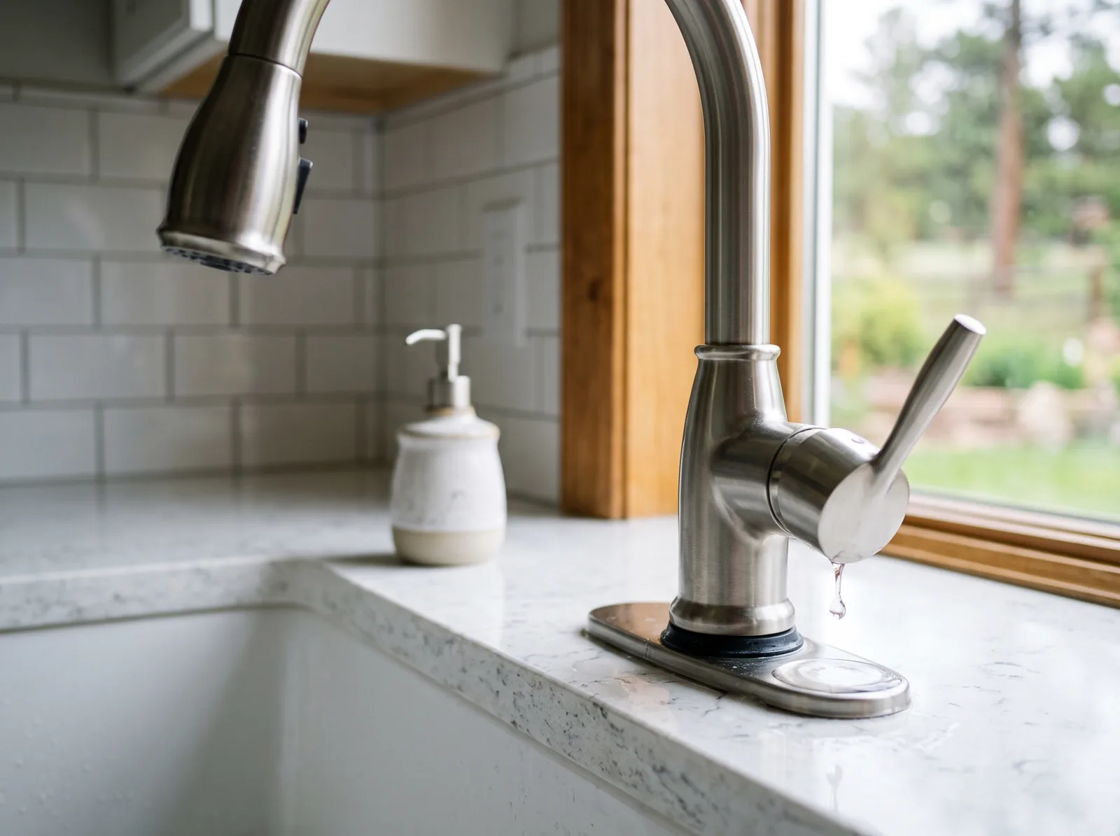 Water dripping from the base of a kitchen faucet onto a clean countertop, Castle Rock, CO
