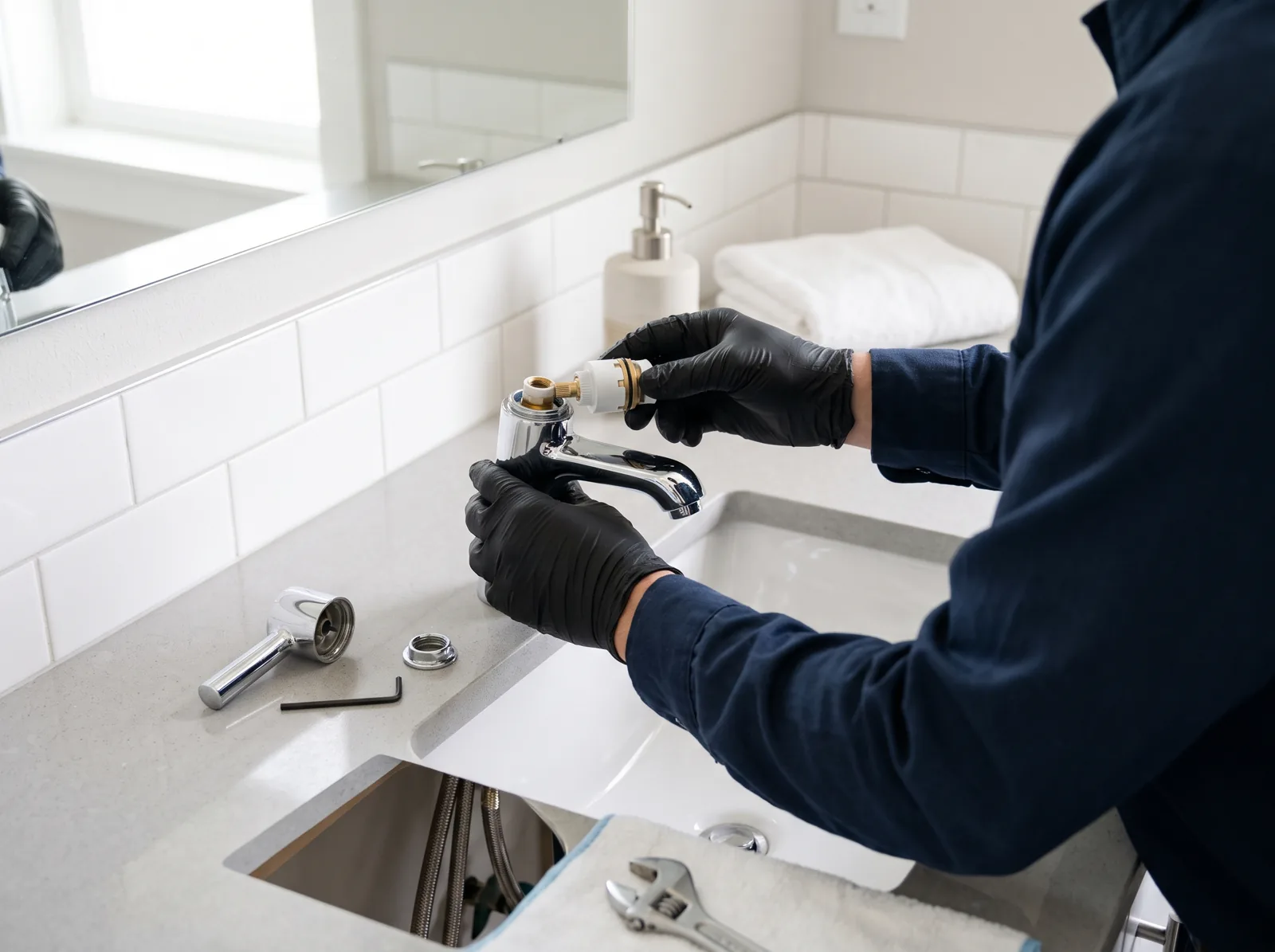 Hands replace the cartridge in a bathroom faucet, the handle removed and set aside, Castle Rock, CO