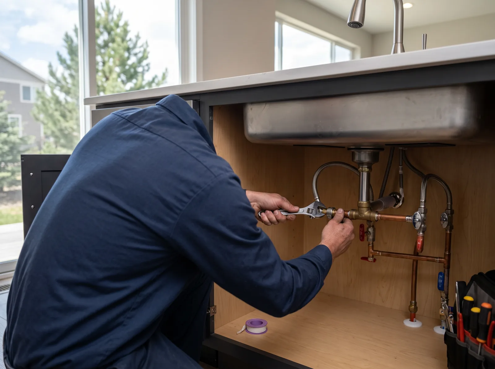 A plumber adjusts a kitchen faucet's supply valve under a sink, Castle Rock, CO