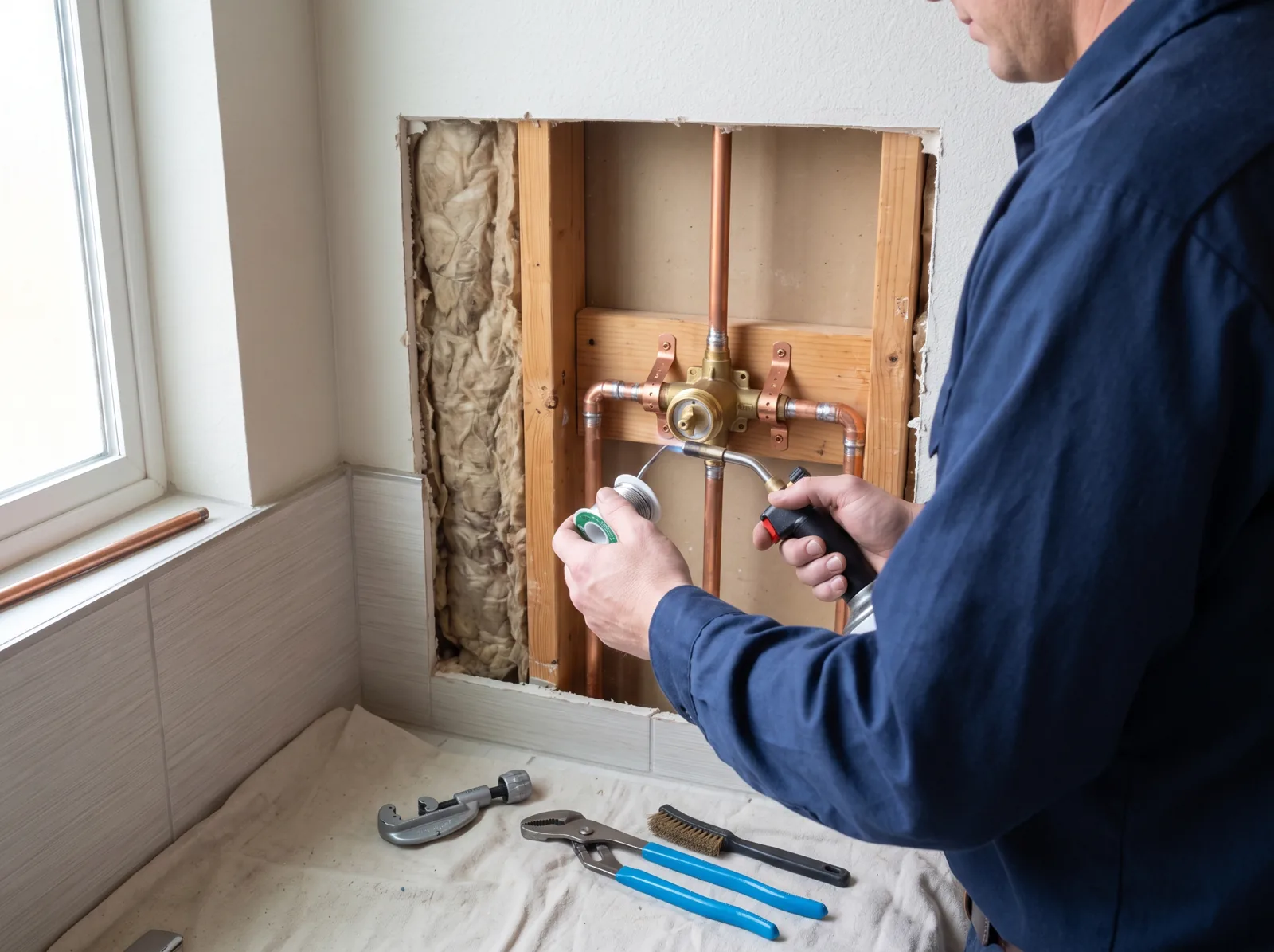 A plumber solders a copper shower valve through an opened wall behind a shower, Castle Rock, CO