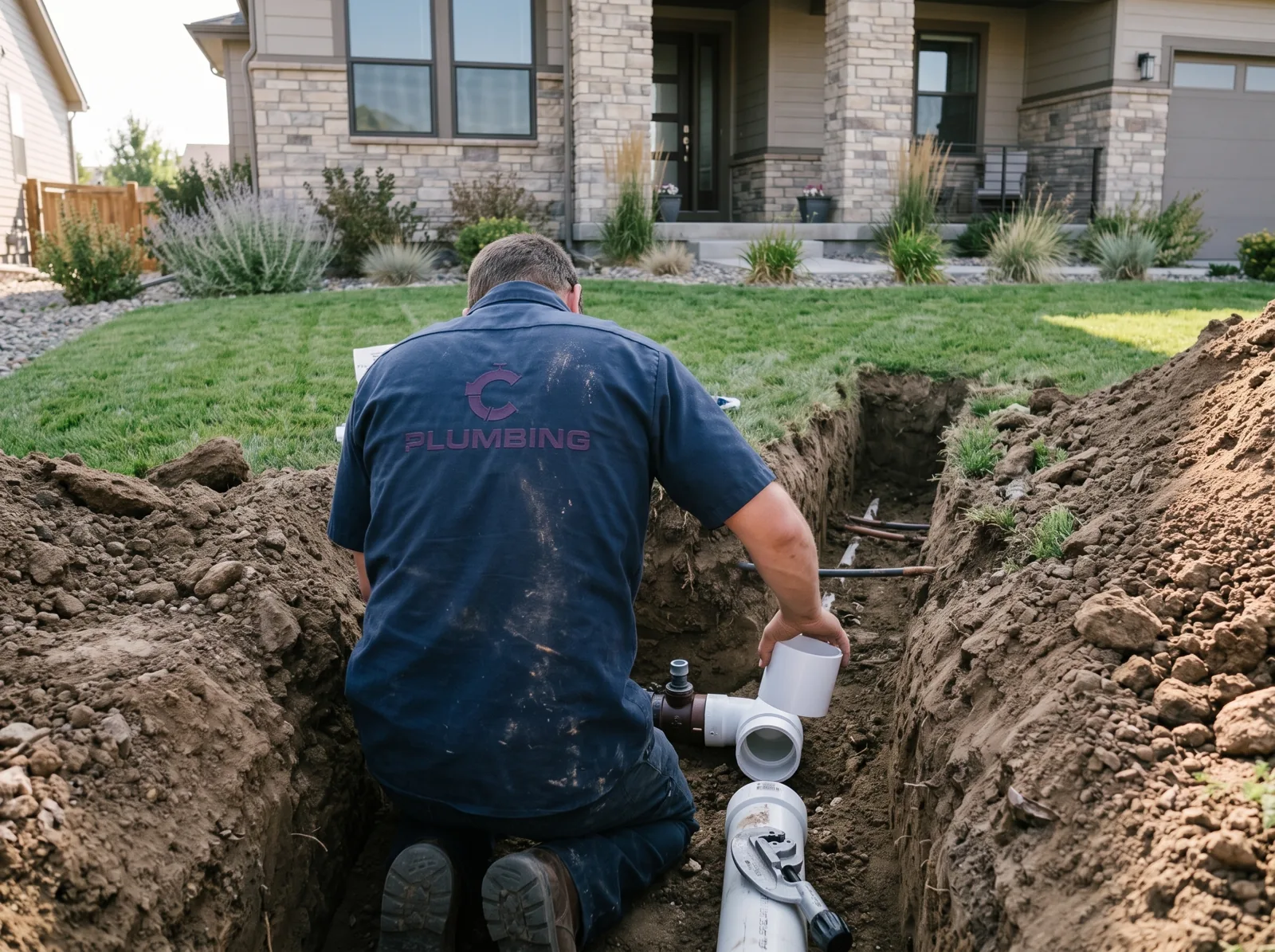 A plumber repairs a residential sewer lateral in an excavated trench in a front yard, Castle Rock, CO