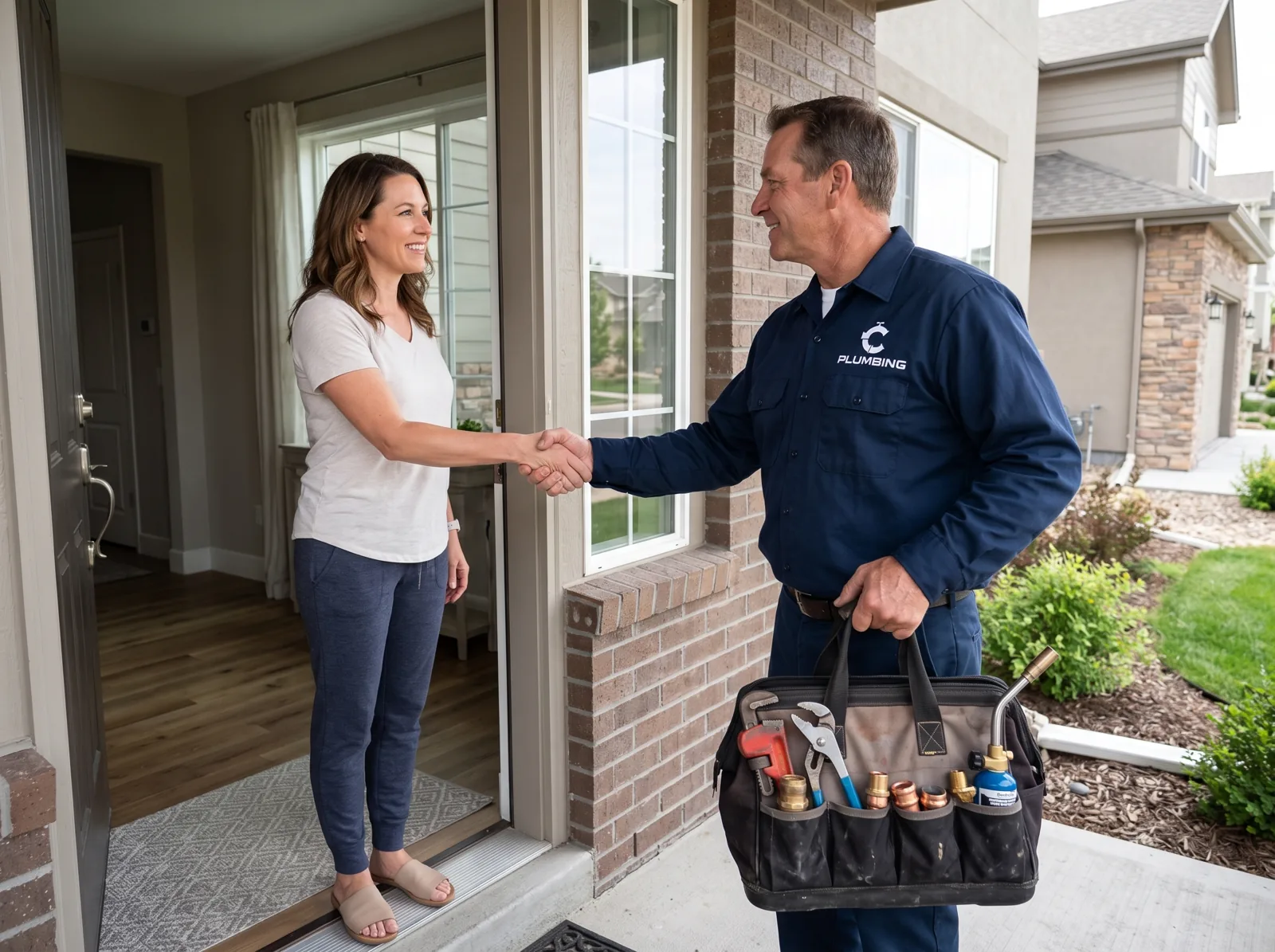 A plumber shakes hands with a homeowner at the front door of a home after a job, Castle Rock, CO