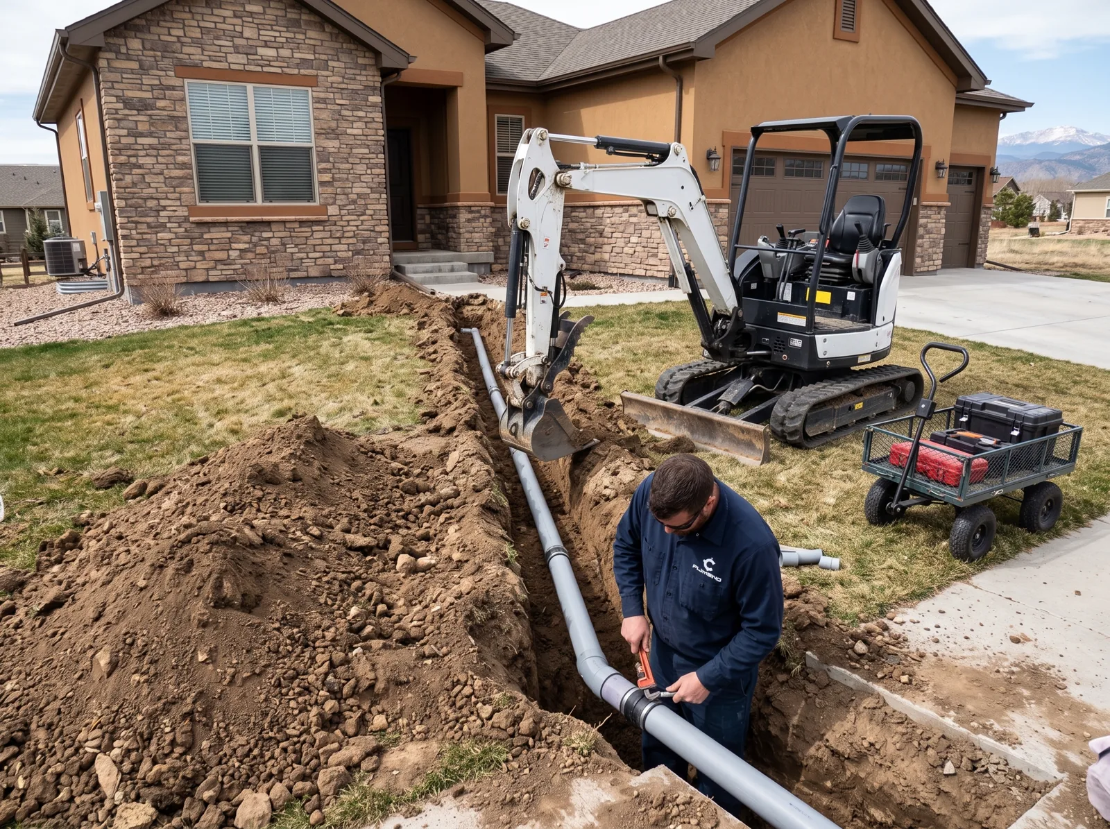 A mini excavator and a plumber at a residential front yard trench exposing a main sewer line, Castle Rock, CO
