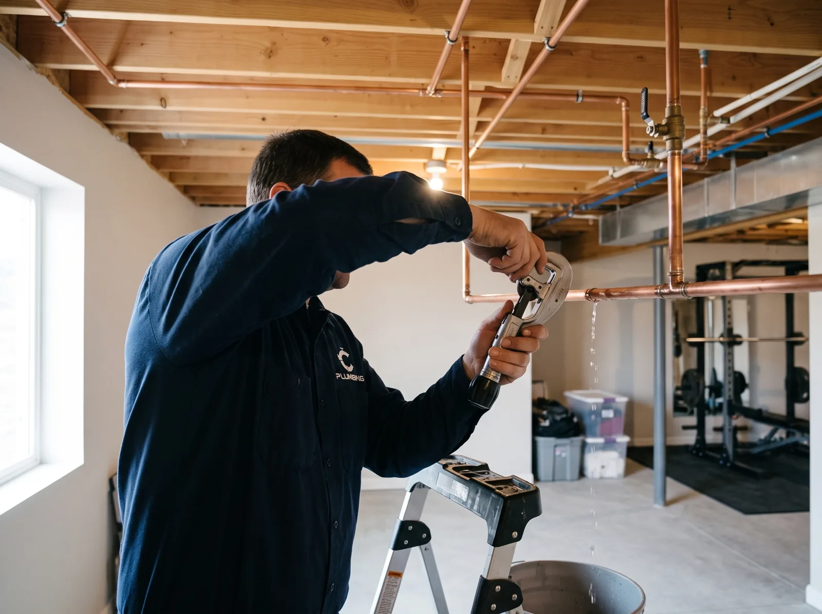 A plumber cuts a leaking section of copper pipe in a basement ceiling with a tubing cutter, Castle Rock, CO