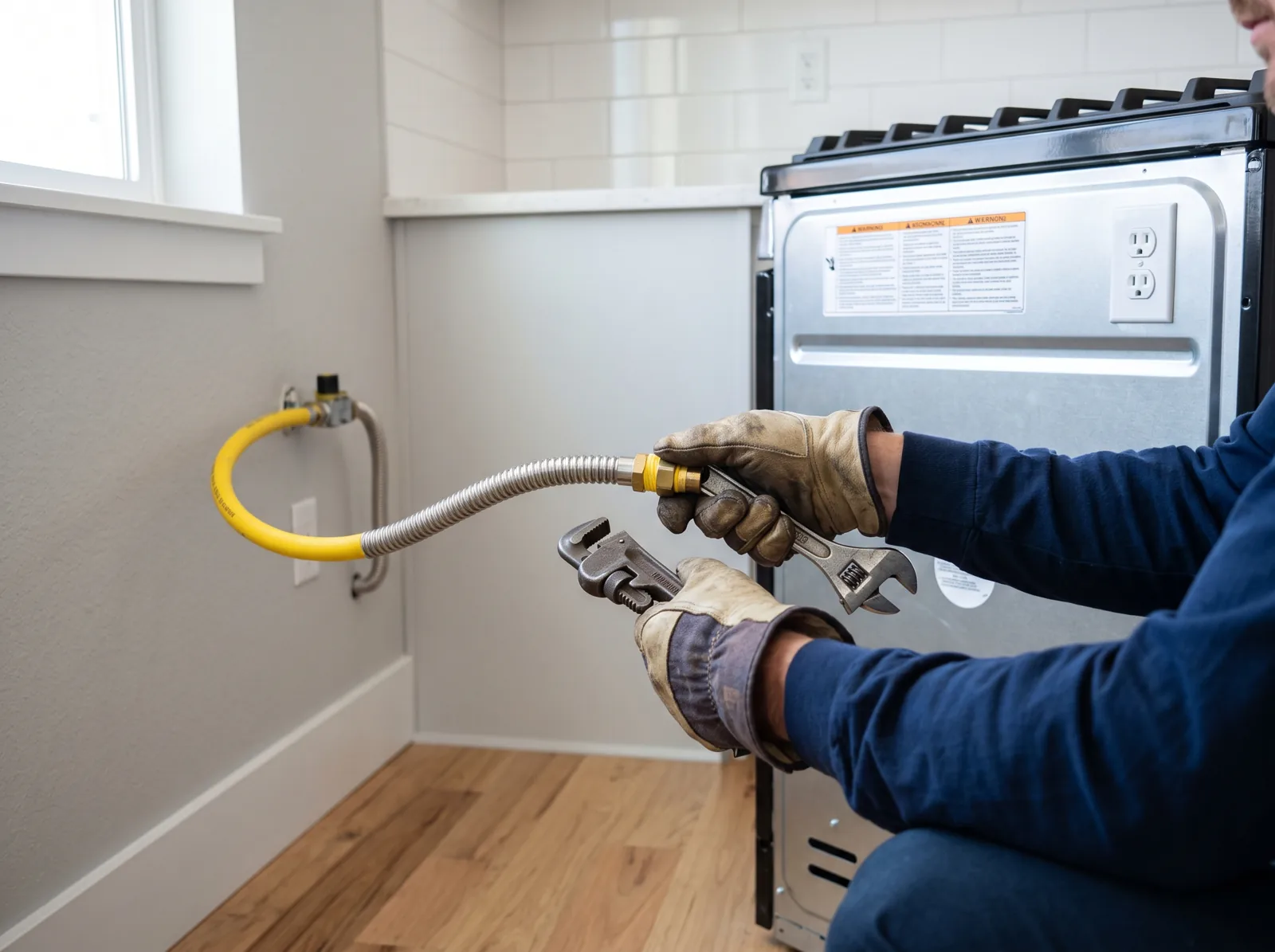 Hands connect a gas range to a new gas line stub-out behind the appliance, Castle Rock, CO