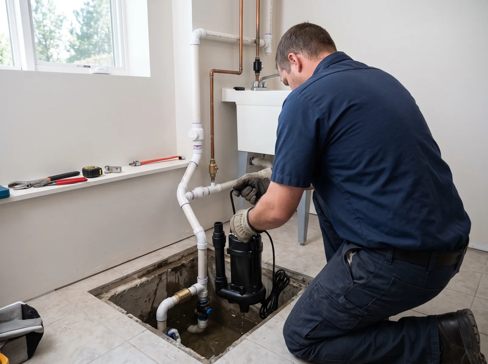 A plumber lowers a new sump pump into a basement pit, Castle Rock, CO