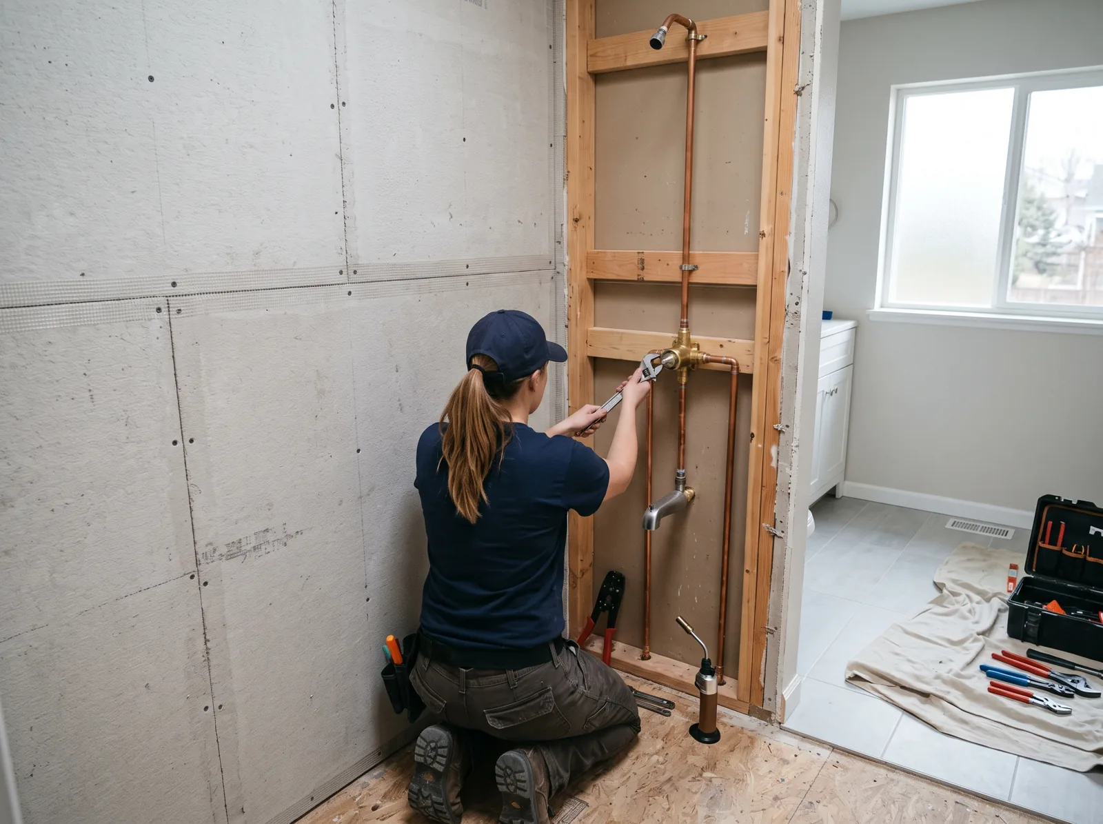 A plumber installs a new shower valve during a bathroom remodel with cement board walls, Castle Rock, CO