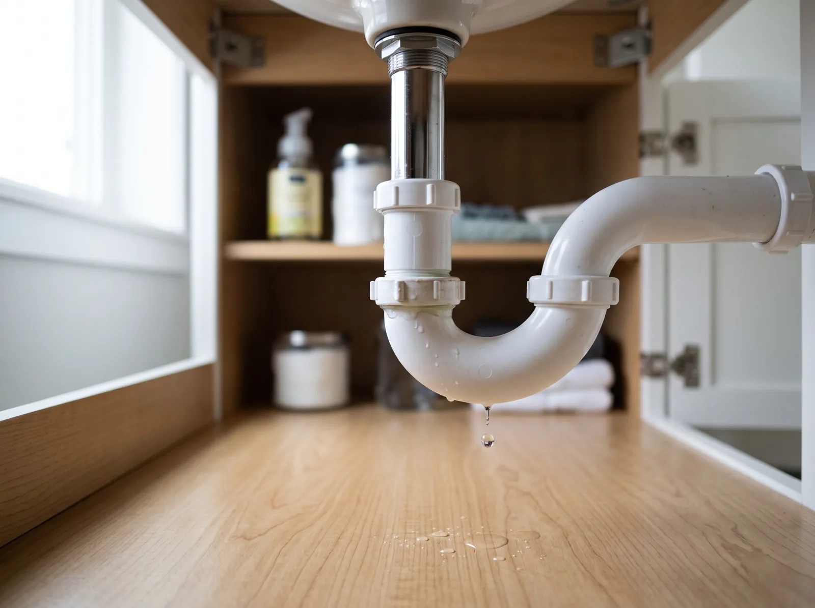 A slow drip from a sink's slip-joint trap onto the cabinet floor, Castle Rock, CO