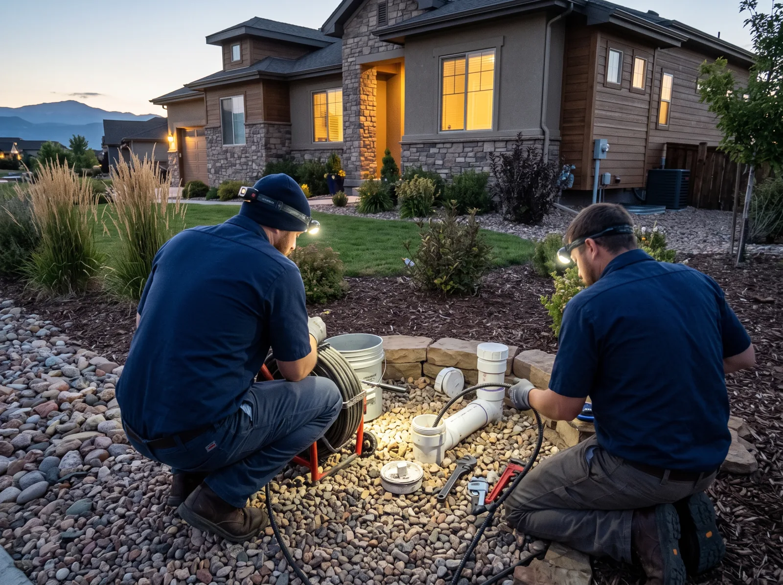 Two plumbers with headlamps working at a residential sewer cleanout at dusk, Castle Rock, CO