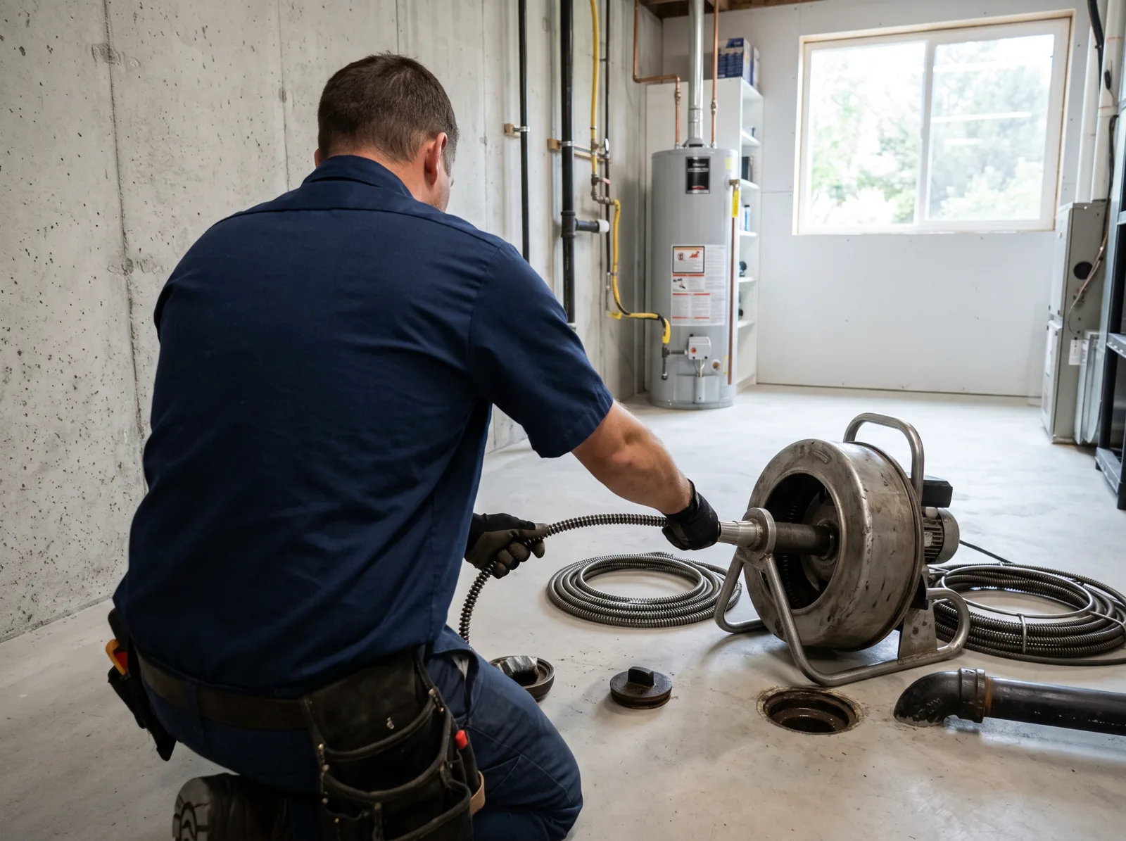 A plumber snakes a backed-up basement floor drain with a sectional machine, Castle Rock, CO