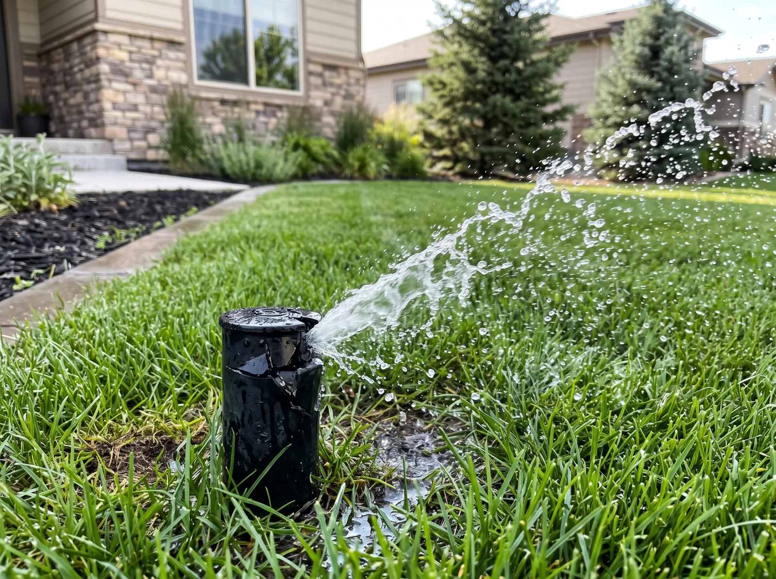 A broken sprinkler head spraying water across a residential lawn, Castle Rock, CO