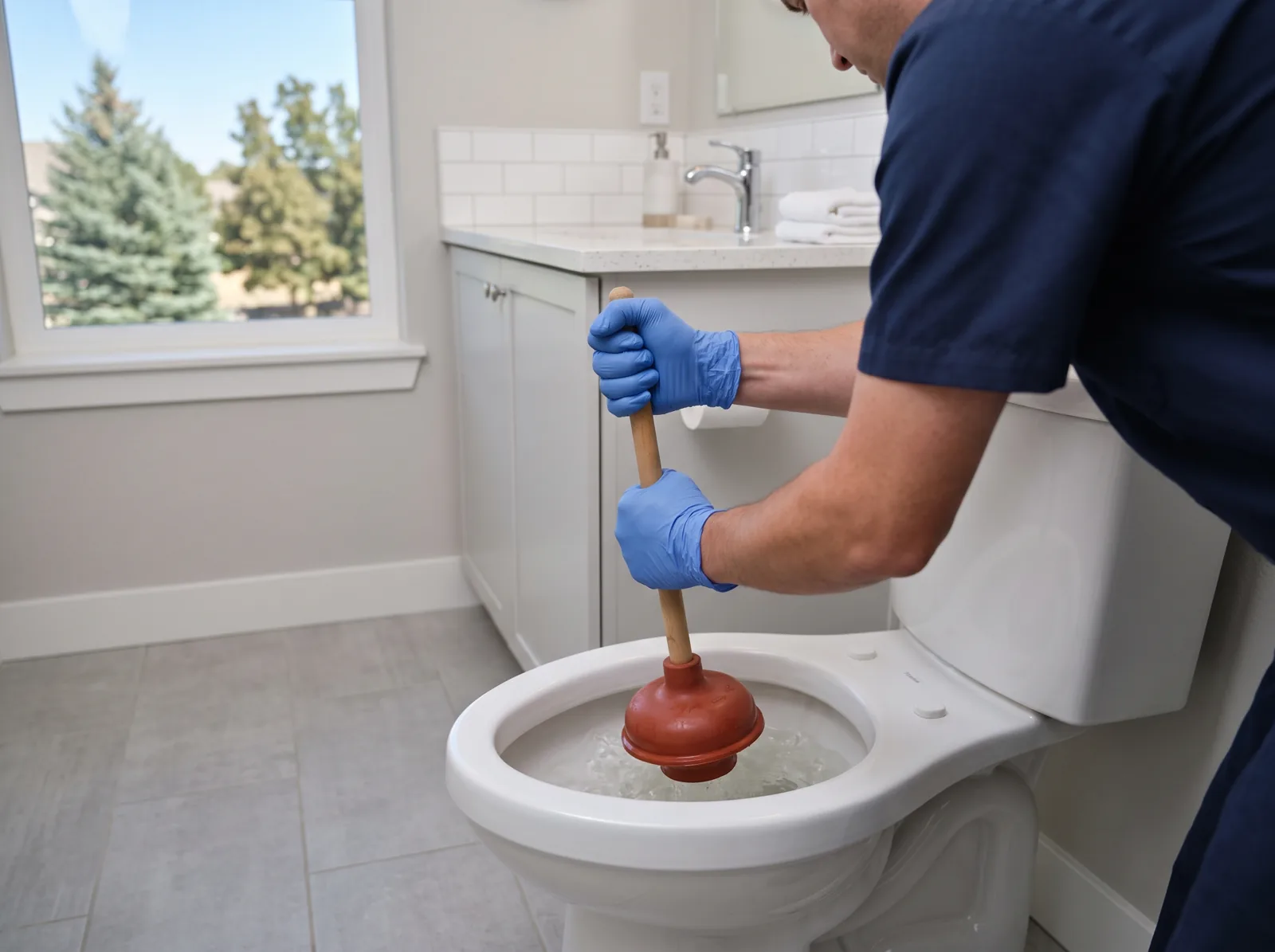Gloved hands plunging a clogged toilet with a flange plunger, Castle Rock, CO