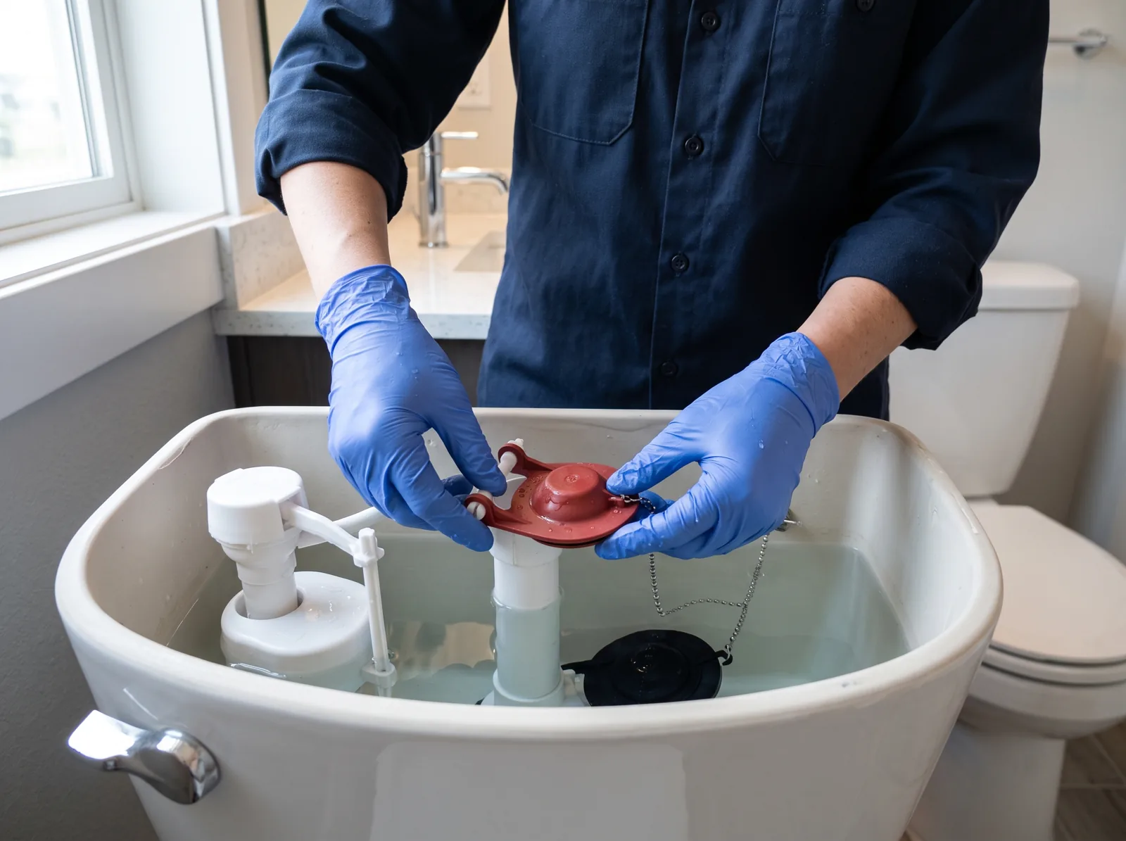 Hands replace a toilet flapper in an open tank, Castle Rock, CO