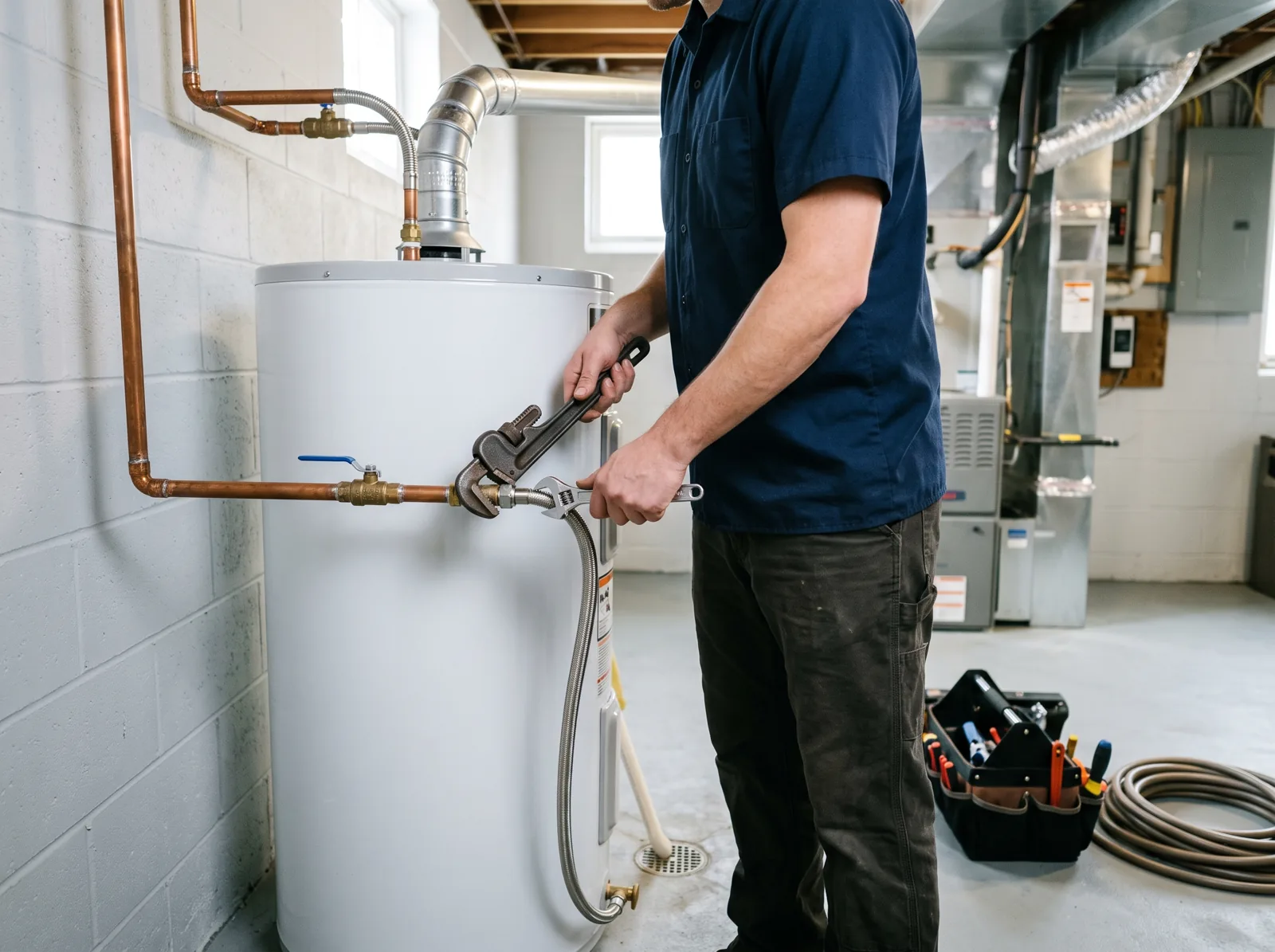 A plumber connects the water lines on a new tank water heater in a basement, Castle Rock, CO