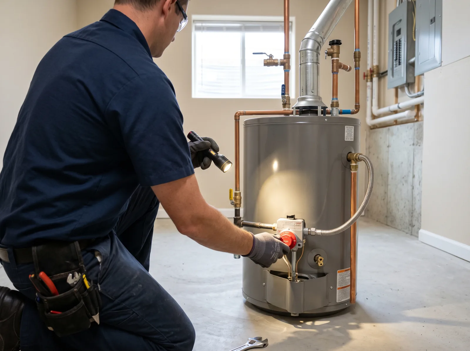A plumber lights the pilot on a new gas water heater with a flashlight in a basement, Castle Rock, CO